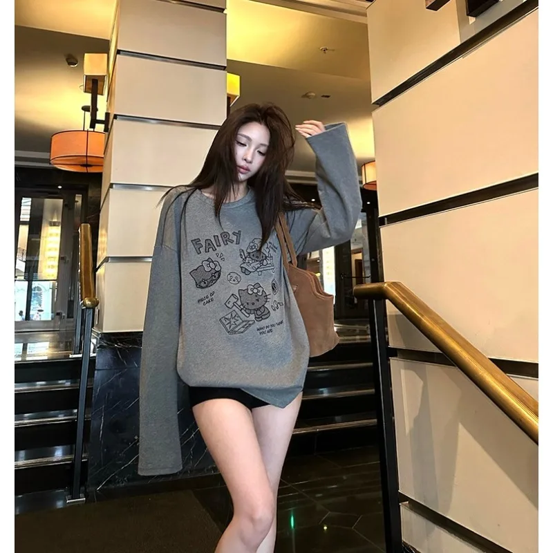 Cute and Sweet Style Kitty Cat 3D Printed Round Neck Long Sleeve T-shirt for Women Autumn Loose Casual Quick Drying Top Trendy