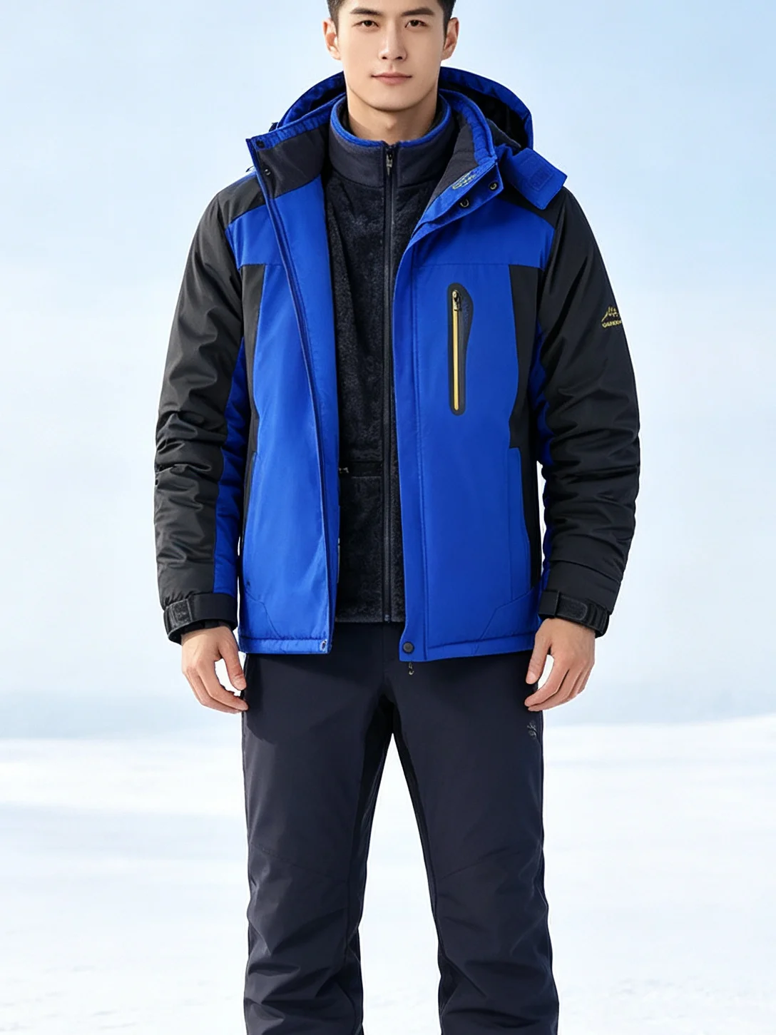 Men Winter Waterproof Fleece Lined Ski Jacket Windproof Thermal Hooded Snow Coat Outdoor Hiking Warm Padded Jacket