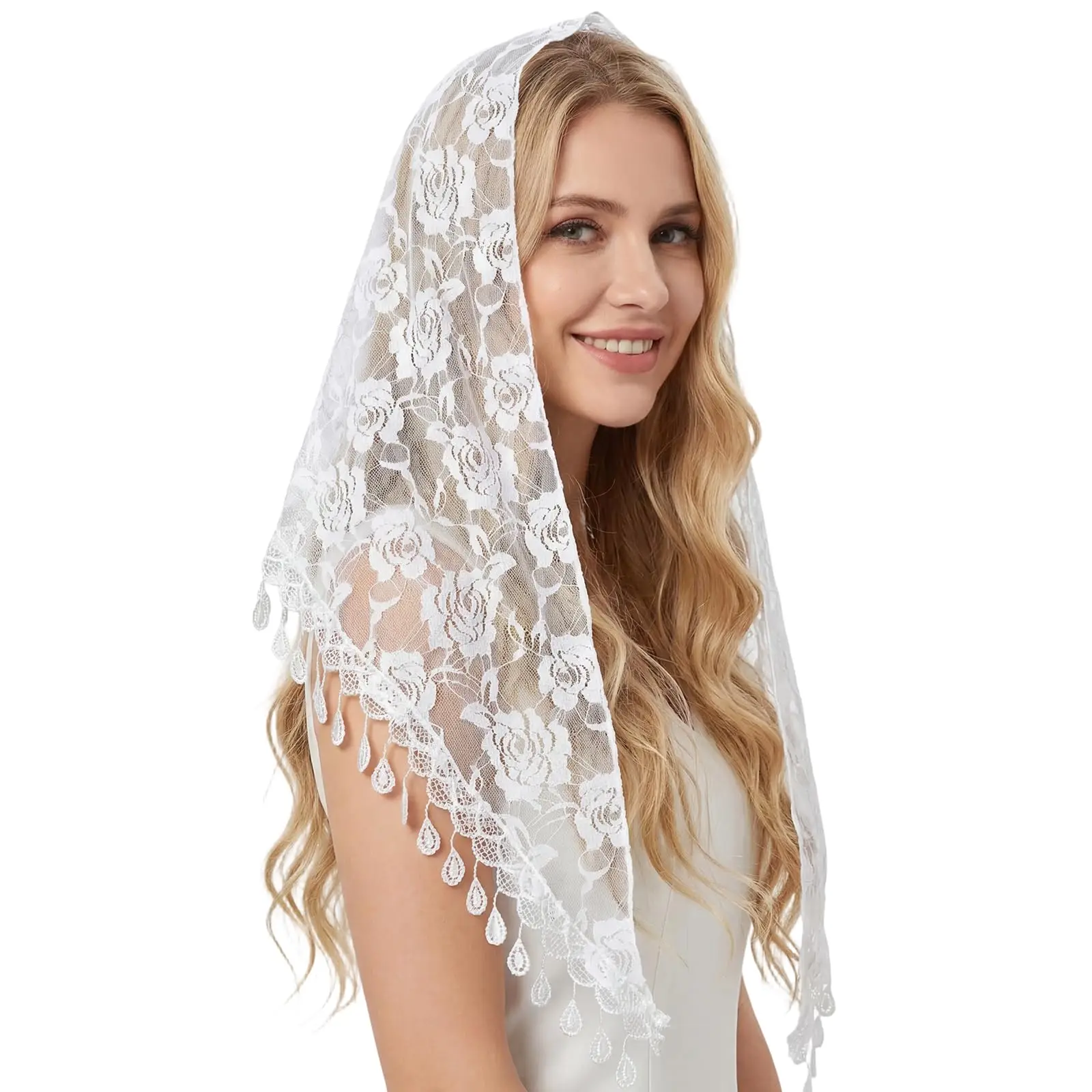 Rose Embroidery Wedding Bride Veil Mass Veil Triangle Mantilla Cathedral Head Covering Chapel Veil Lace Shawl Latin Scarf