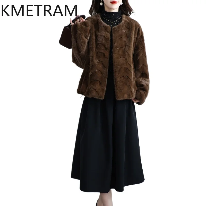KMETRA 100% Mink Fur Jacket Women Moon‑Shaped Spliced Mink Fur Coat Short O-Neck Loose Winter Coats 2026 Woman Clothing 58cm 퍼자켓