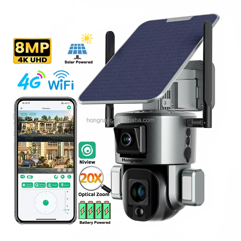 Hongnaer 8MP الطاقة الشمسية اللاسلكية 4G PTZ كاميرا الأمن Niview 20X التكبير عدسة مزدوجة 4K في الهواء الطلق واي فاي 4G بطاقة Sim CCTV كاميرا تعمل بالطاقة الشمسية #2