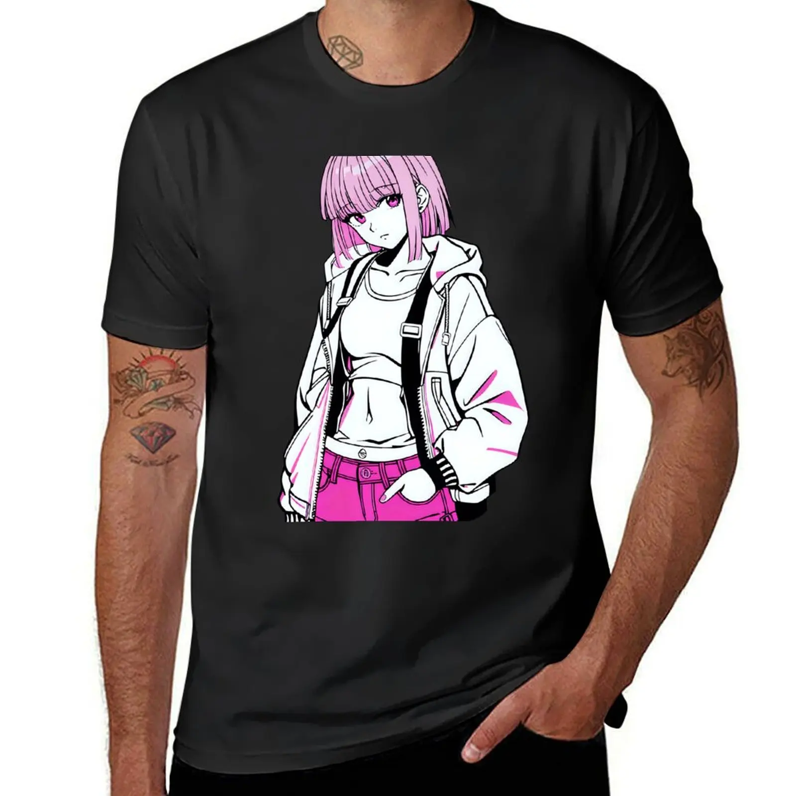 

Hot Pink Pastel Aesthetic Girl in Jacket and Suspenders T-Shirt for a boy funnys kawaii clothes plain t shirts men