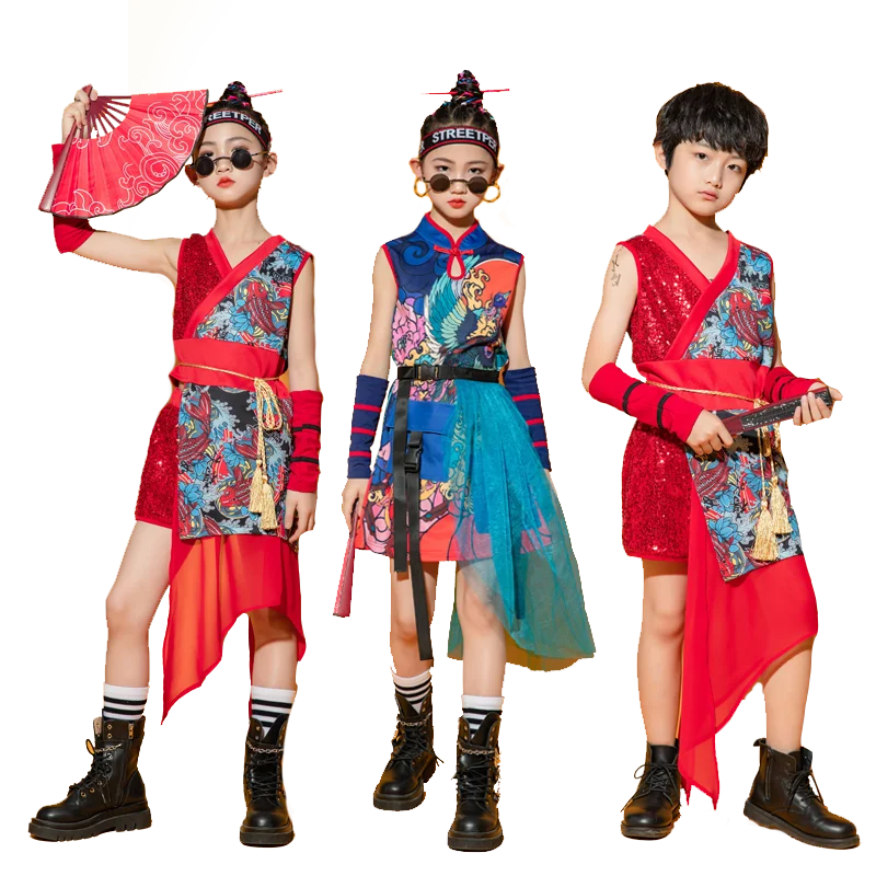 Chinese Stijl Kids Boys Hiphop Performance Outfits Nationale Tide Jazz Dance Kostuum Meisjes Model Catwalk Show Cheongsam