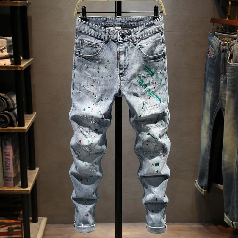 

High Street fashionable men's jeans retro light blue elastic slim fit retro patchwork corrugated jeans men's painted designer