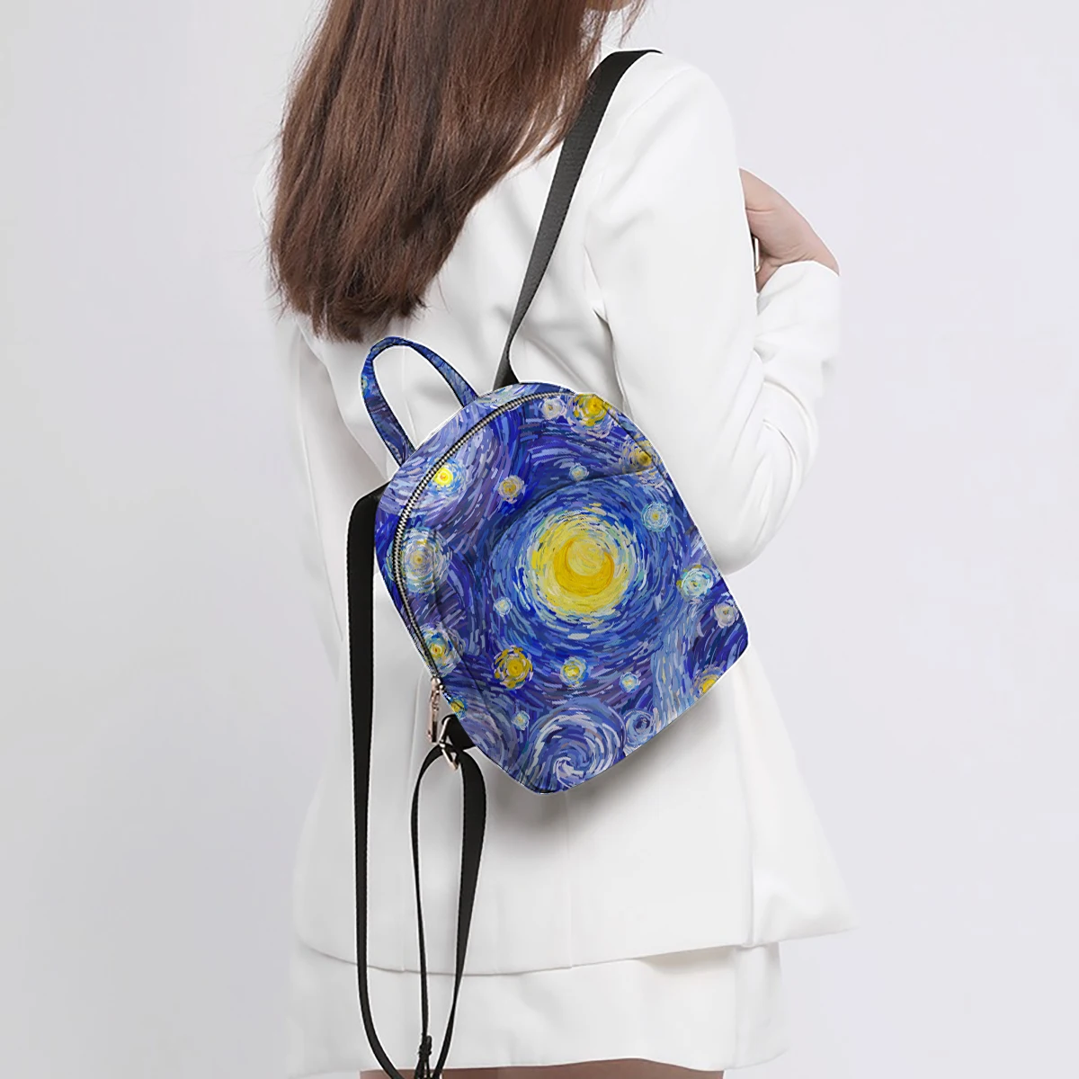 Vibrant Oil Painting Style Starry Sky Print Small backpack for Women - Adjustable, Versatile Polyester Mini Backpack for Men and