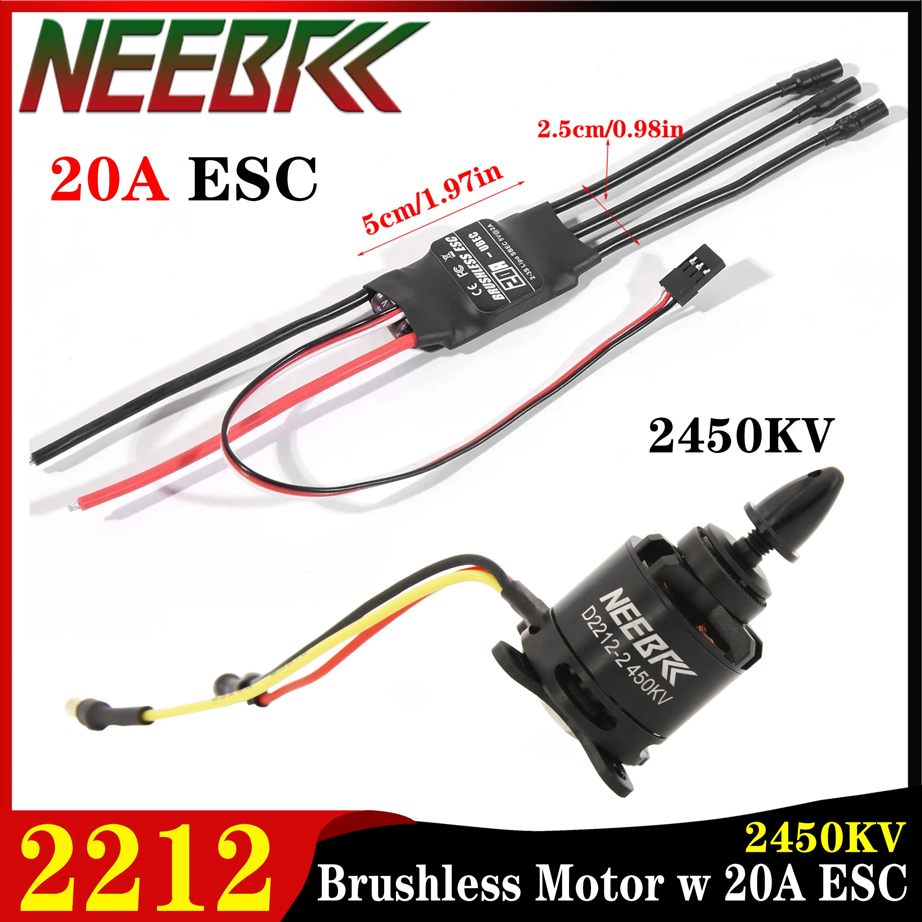 

NEEBRC 2212 2450KV Outrunner Brushless Motor 2-3S 20A ESC Combo for RC FPV Drone Fixed-wing Multicopter Airplane Aircraft Parts