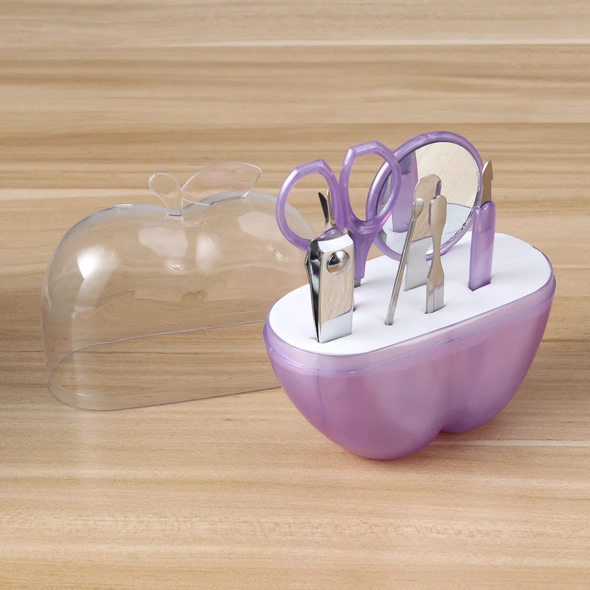 8-in-1 사과 모양 손톱깎이 세트 매니큐어 페디큐어 키트 투명 보관함 손톱 파일 가위 눈썹 핀셋 거울 큐티클