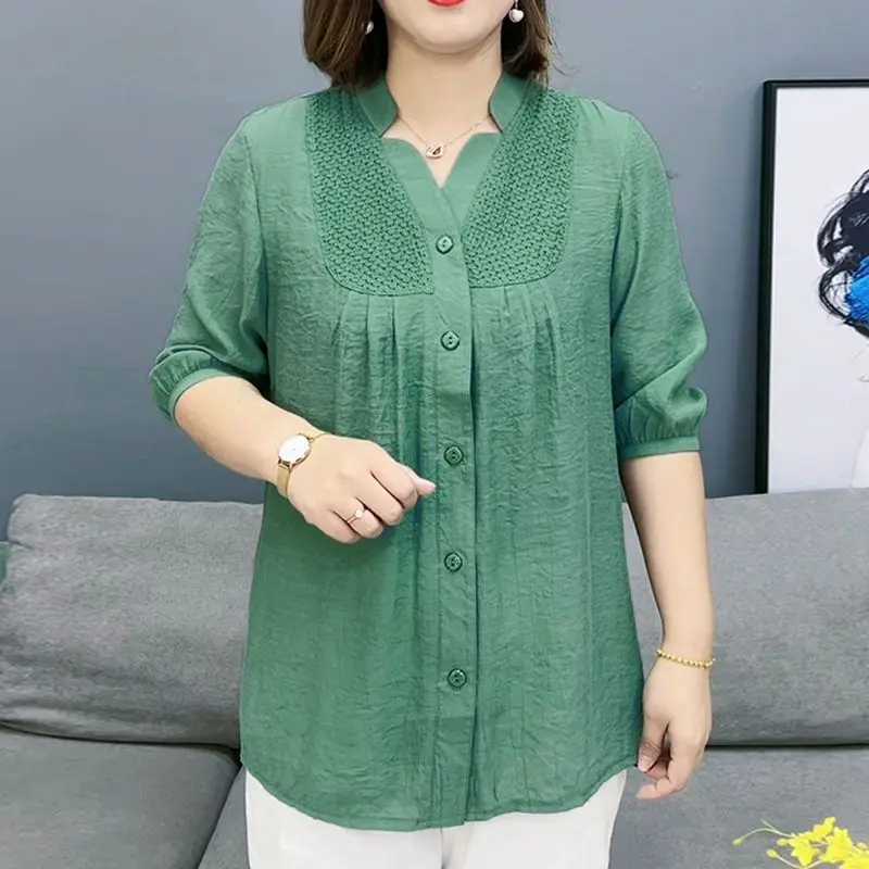 Stylish Spliced Casual V-Neck Blouse Summer New 3/4 Sleeve Female Clothing Solid Color Folds Loose Commute Single-breasted Shirt