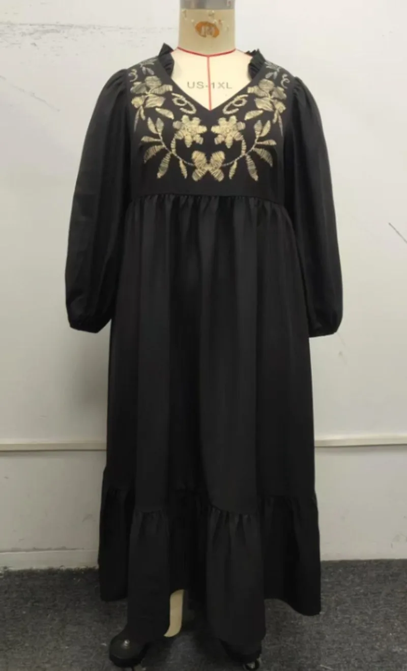 KEXU New Plus Size Women's Maxi Long Dress Print High Waist Slim Black Ruffles Casual A-line Long Sleeve Fall Street Dress