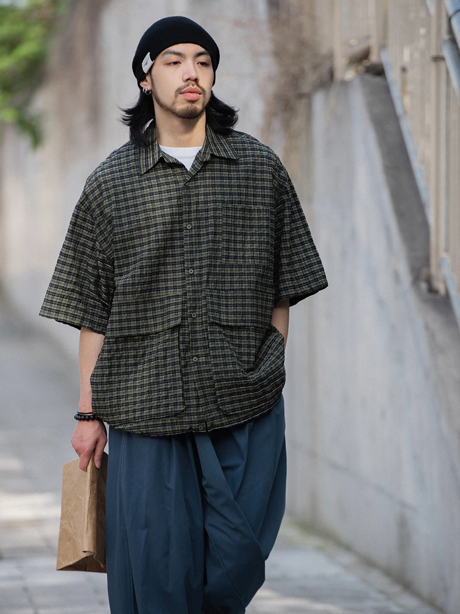 

NOEARS Летняя рубашка в клетку с коротким рукавом, свободного кроя, с двойными карманами, в повседневном японском стиле, дышащая, молодежная, модная