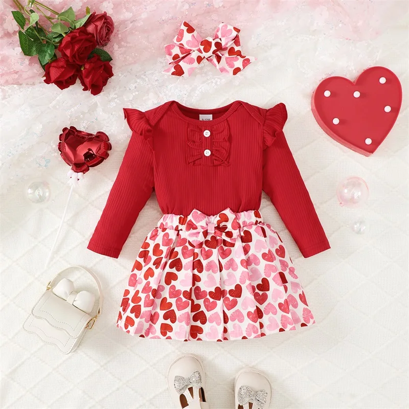 

Baby Girls Spring Outfits Long Sleeve Romper + Pleated Skirt + Headband Set Newborn Clothes