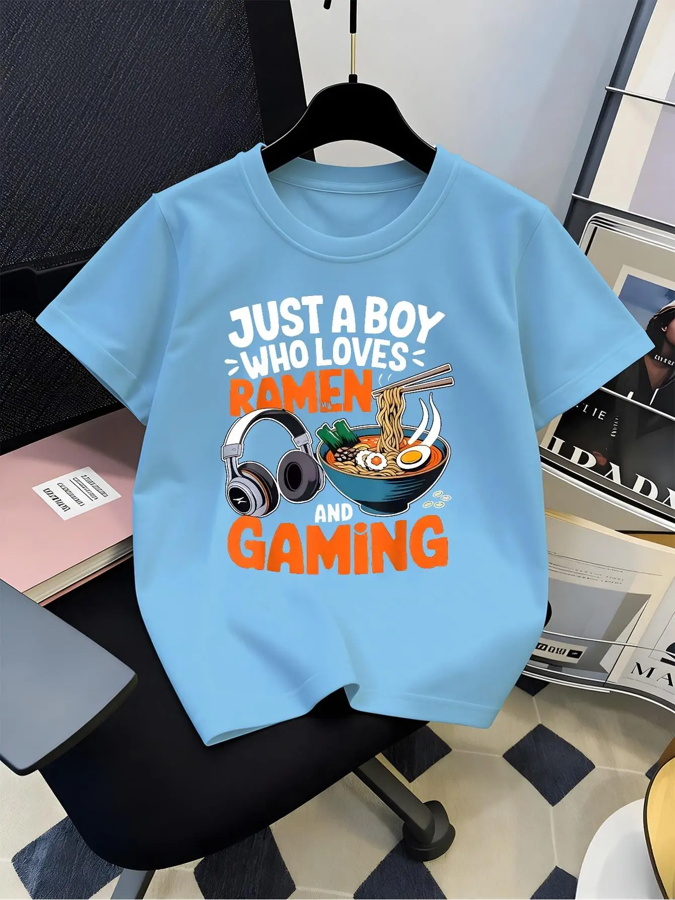 Just A Boy Who Loves Ramen And Cartoon Graphic Tee Boys Girls Family Matching Casual Parent Kids Food Game Short Sleeve Outfit