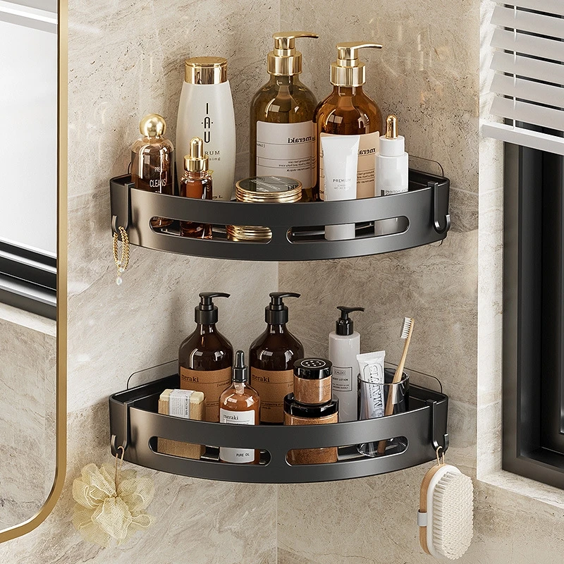 ABS Plastic Black Bathroom Shelf Corner Space Bathroom Triangle Basket Shower Room Storage Rack No Drill Wall Mounted