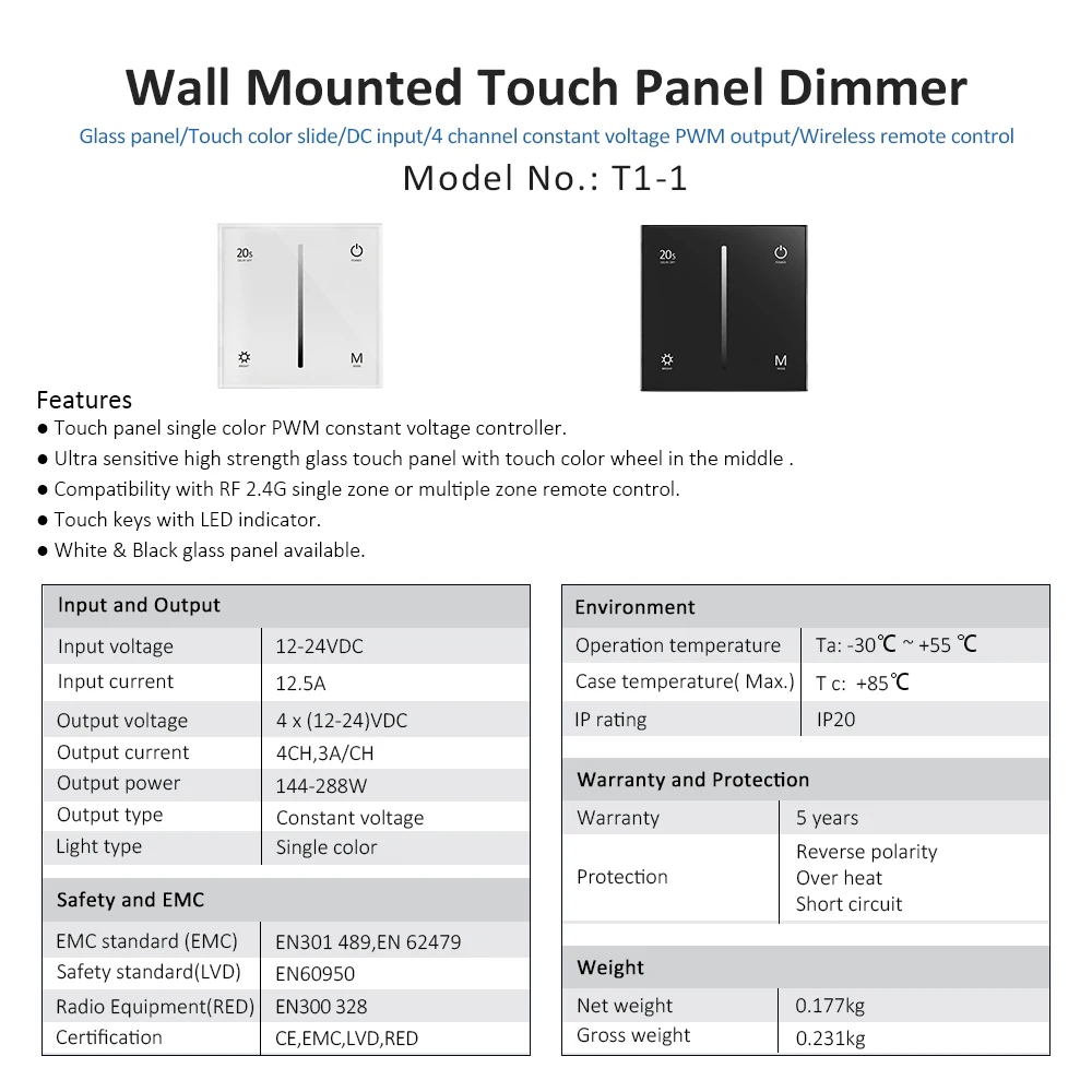 Touch Panel Single Color LED Dimmer 12V 24V Wall Mount Glass Panel Light Dimmer Single Color Controller with R11 Dim Remote Set