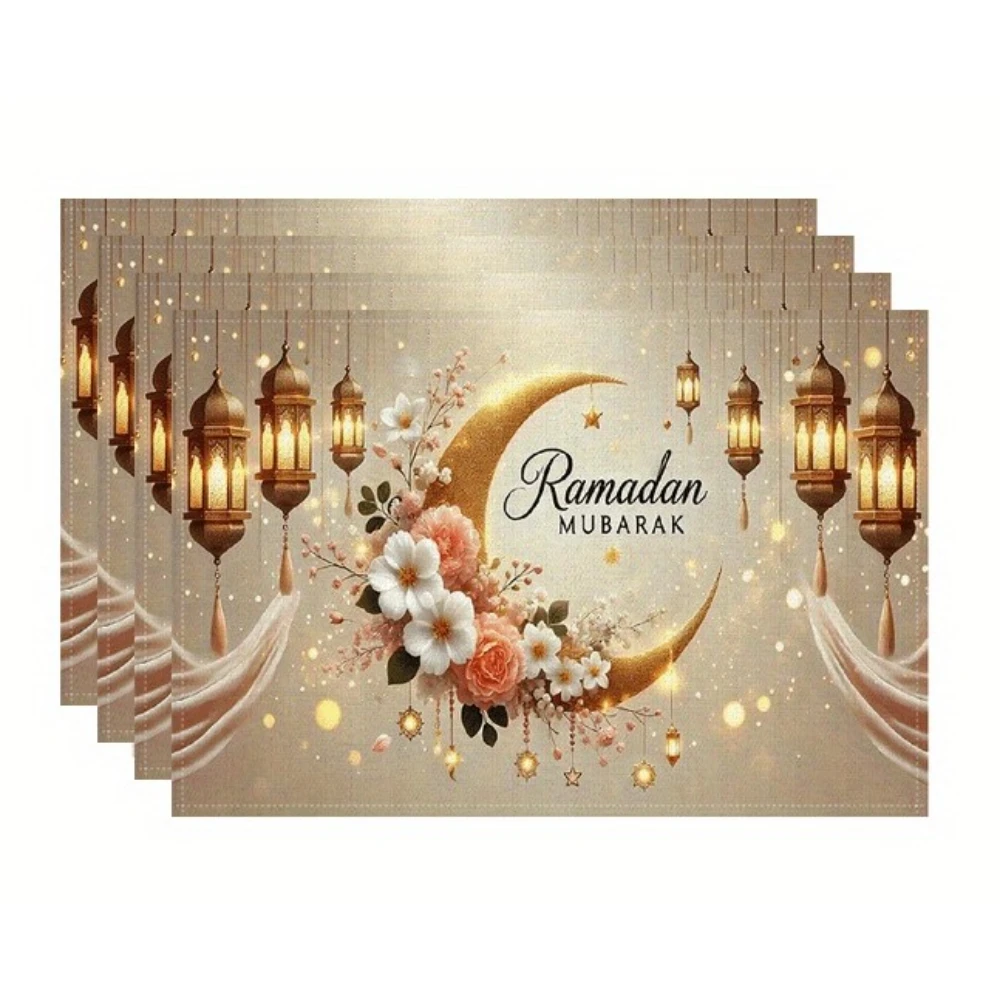 Ramadan Mubarak Linen Placemats Holiday Party Decor Golden Moon Lantern Floral Eid Al-Fitr Dining Table Mats Ramadan Decorations