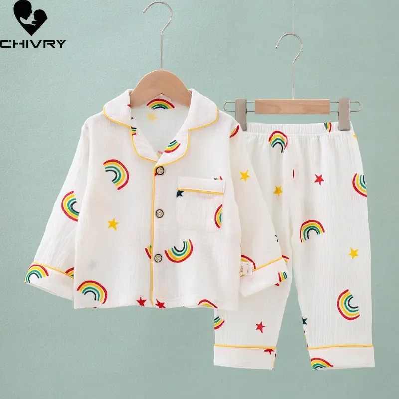 Kinder Sommer Dünne Pyjamas Sets Neue 2023 Jungen Mädchen Baumwolle Leinen Cartoon Langarm Revers Hemd Tops mit Hosen Baby hause Tragen