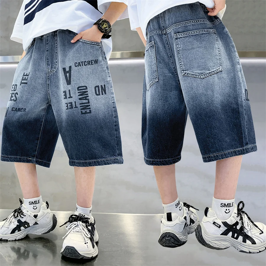 Stylish Kids Summer Knee Length Gradient Blue Denim Shorts with Letters For Boys Casual Loose Straight Capris Jeans Child Bottom