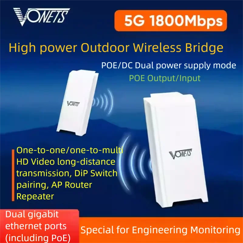 VONETS Outdoor Wireless Bridge Router 5.8GHz Gigabit POE High Definition Monitoring Point-to-Point Long Distance WiFi AP VBGO-5G