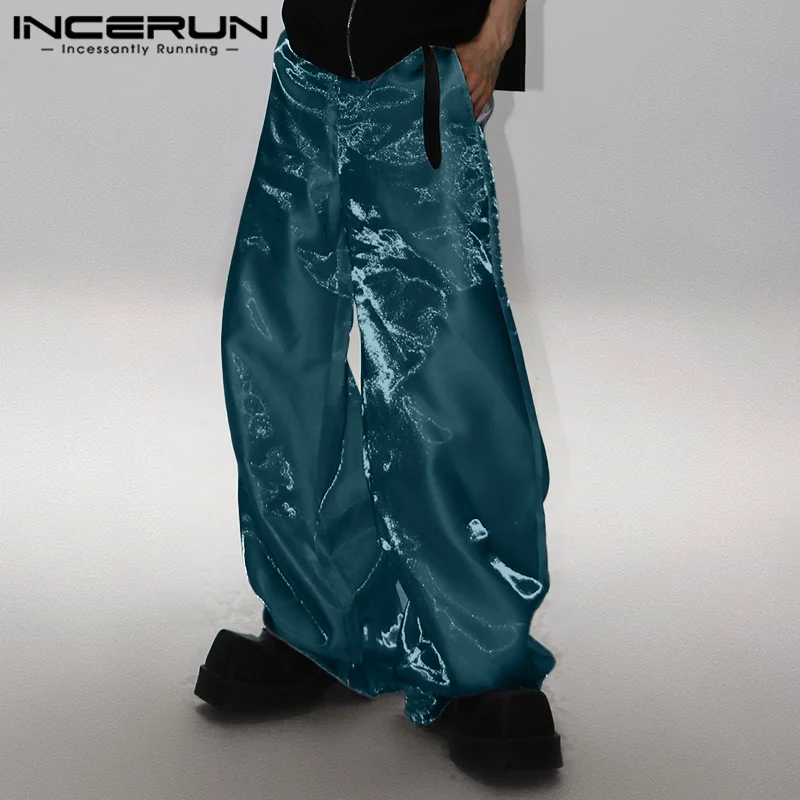 INCERUN Men Pants Shiny Elastic Waist Joggers Loose Casual Straight Trousers Men Streetwear 2024 Fashion Party Long Pants S-5XL