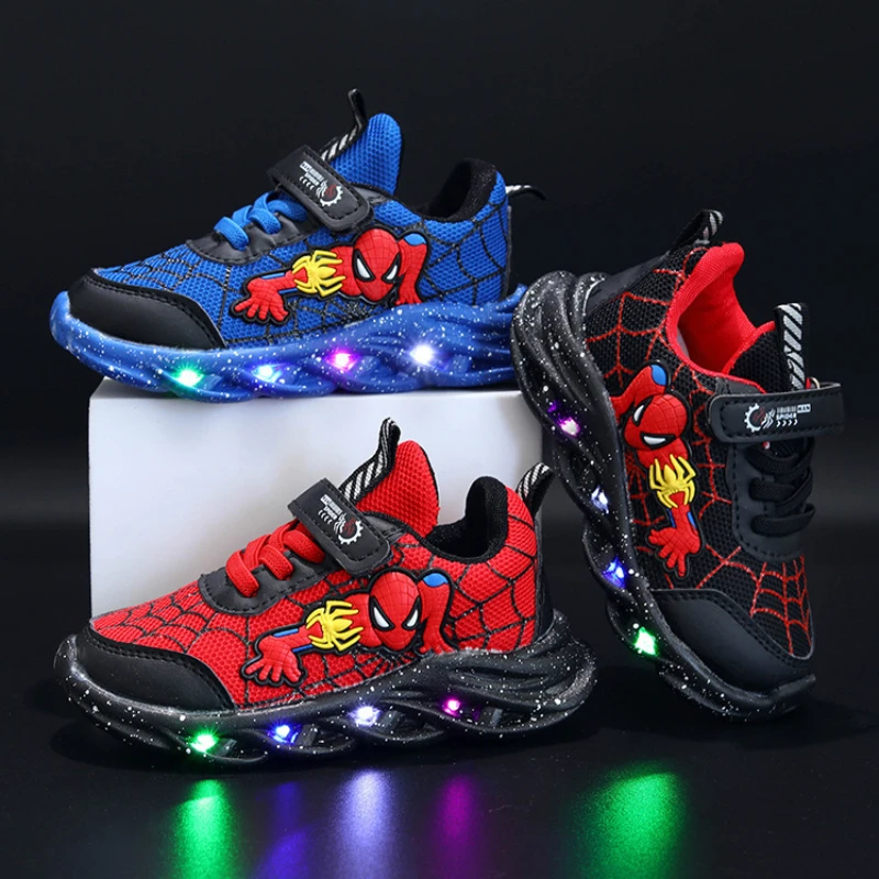 Spring Autumn Boys Spiderman Mesh Breathable Sport Shoes Disney LED Children\'s Sneakers Kids Casual Shoes Light Shoes for 0-6Y