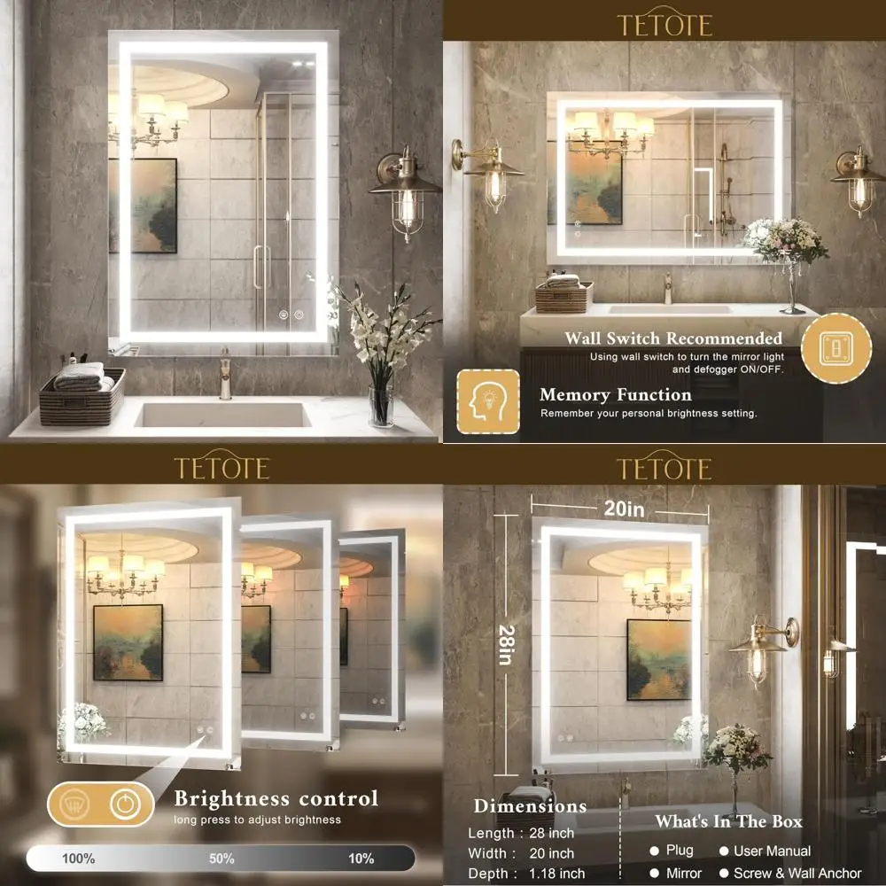 

LED Lighted Vanity Mirror with Touch Control, Dimmable Memory Function, Tempered Glass, Modern Bathroom Wall Mirror