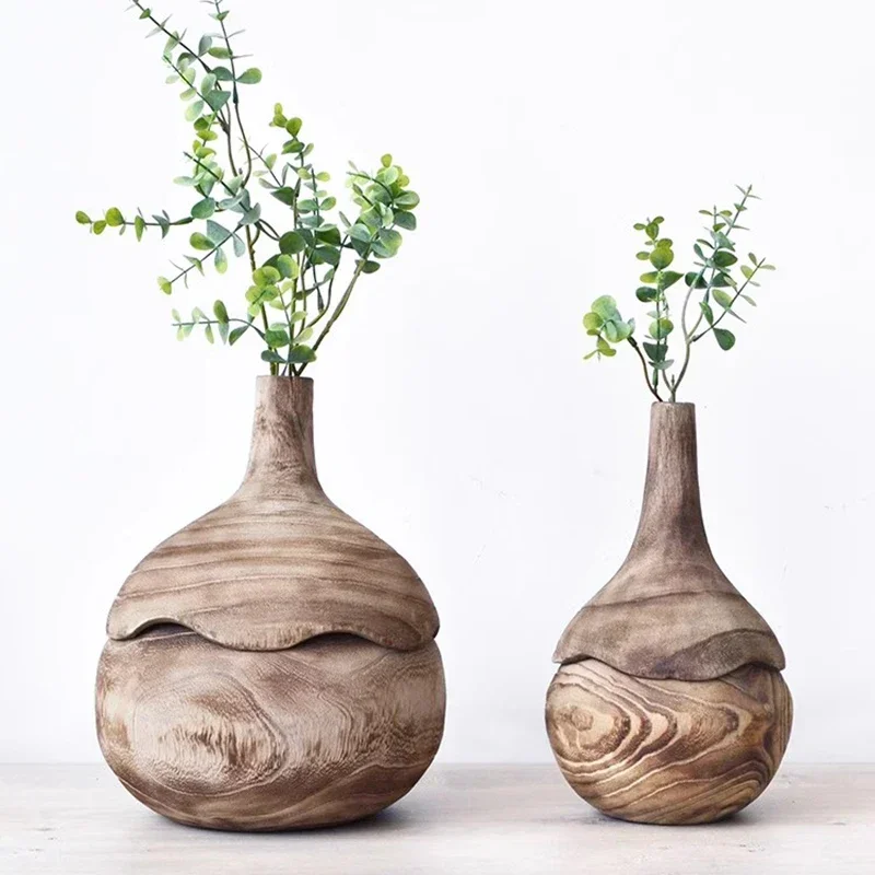 

Luxury Wooden Vase Figurines Bedroom Study Miniatures Living Room Japanese Vintage Aesthetic Garden Home Decor Estatua FYFM
