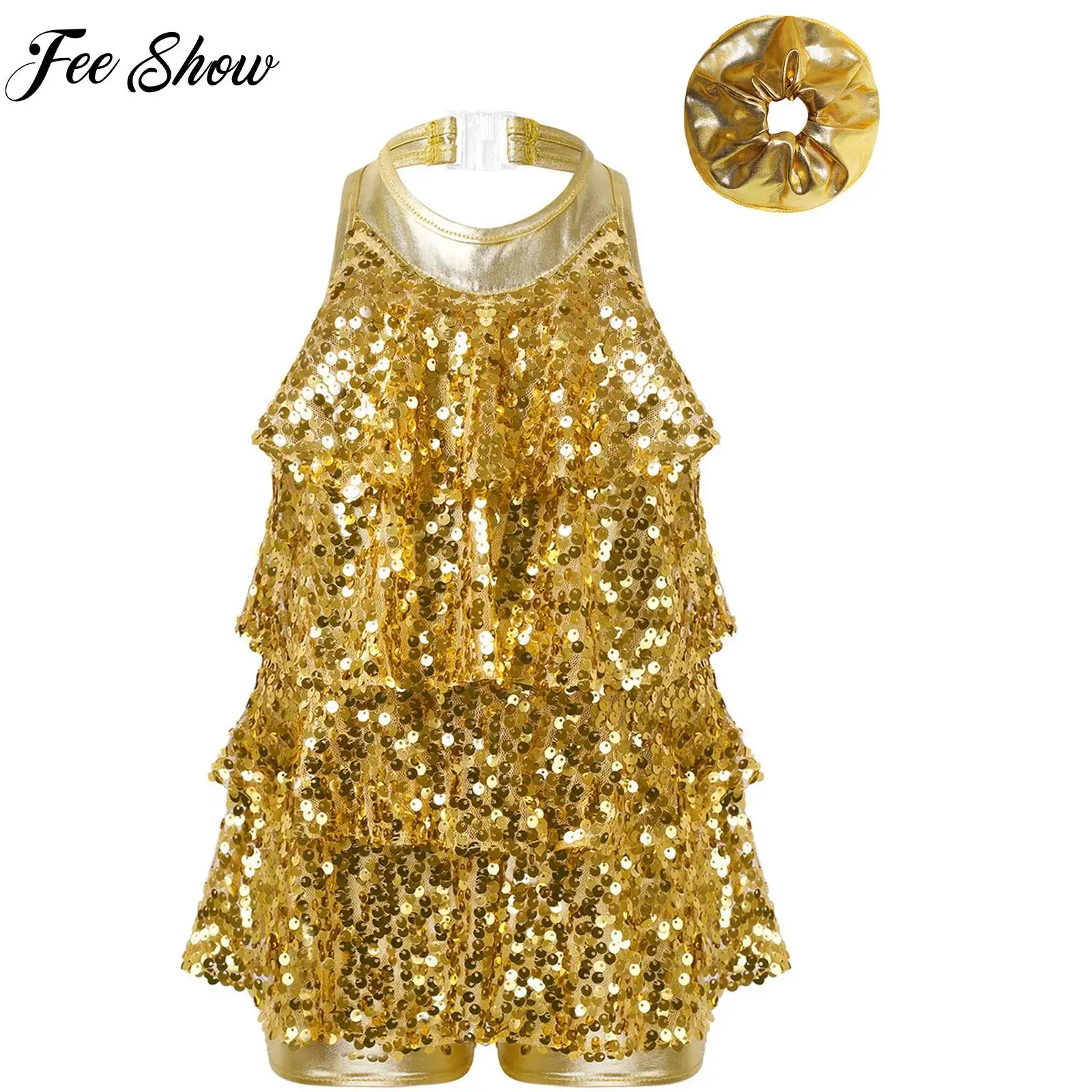 

Kids Girl Gymnastics Modern Jazz Latin Chacha Dance Outfit Halter Shiny Sequins Ballet Dance Shorty Unitard Dress with Hair Band