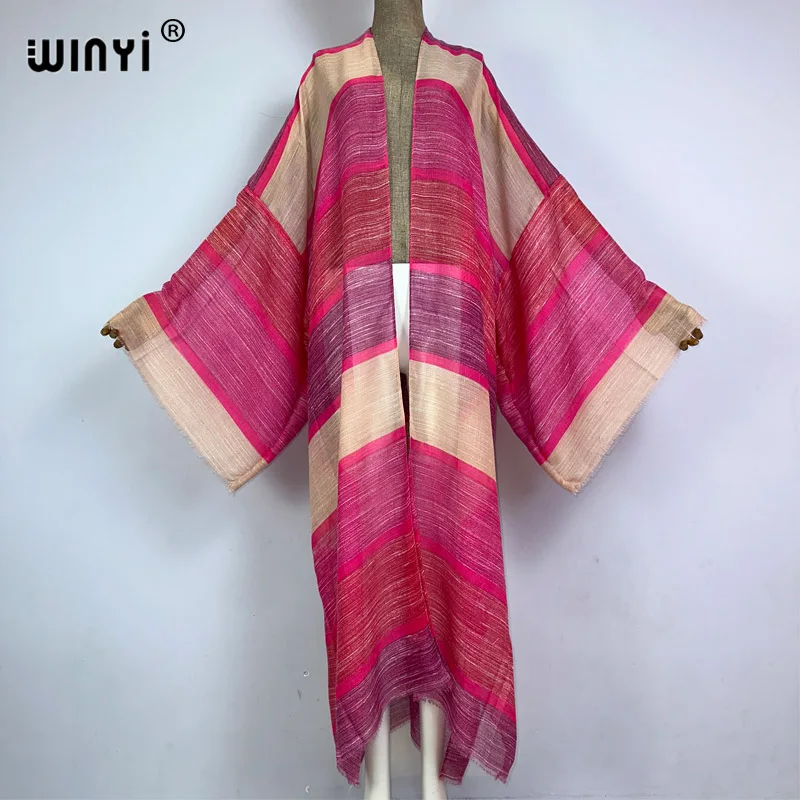 WINYI kimono Africa boho Stripe print beach swimwear 2023 Elegant Cardigan sexy Holiday maxi beach wear swimsuit evening dress