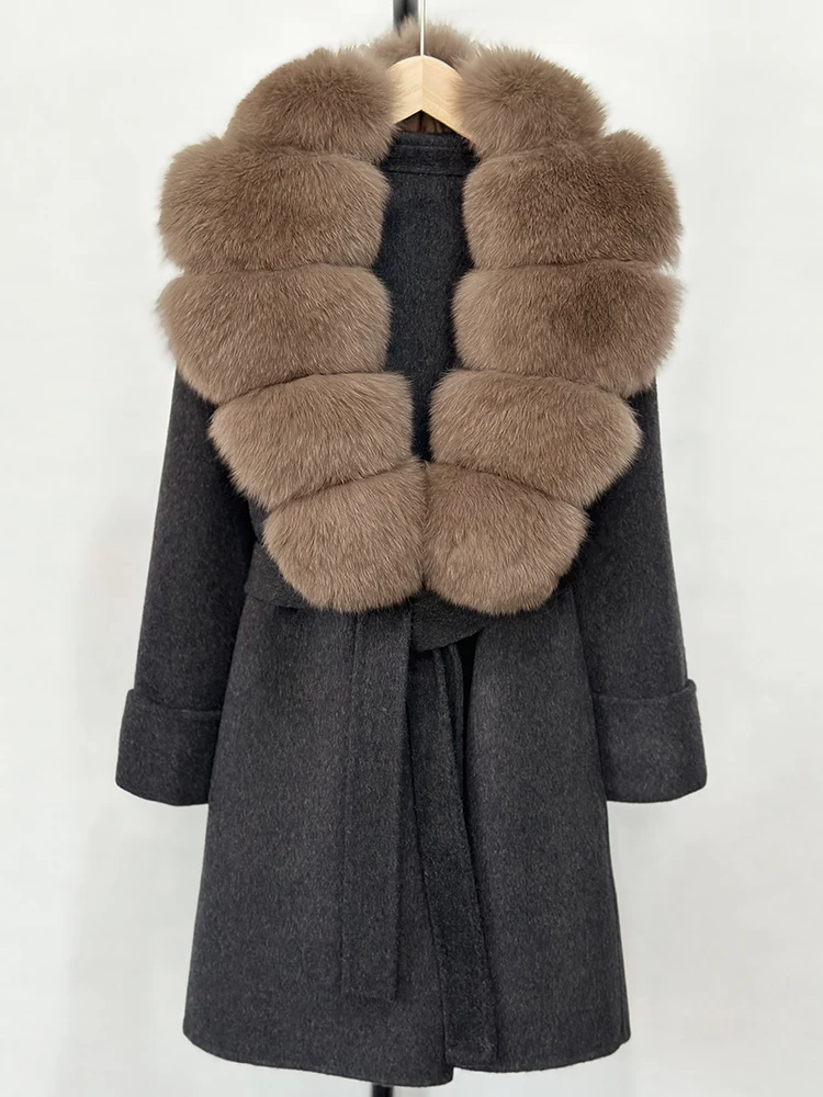 Женское пальто из натурального лисьего меха, новинка 2023 года, зимняя куртка с карманами на поясе, женская свободная шерстяная верхняя одежда, уличная одежда