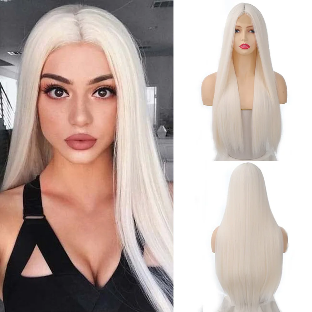 Hand-woven forehead lace synthetic long straight wig women's wig 5*0.5cm white 28-inch heat-resistant fiber headgear