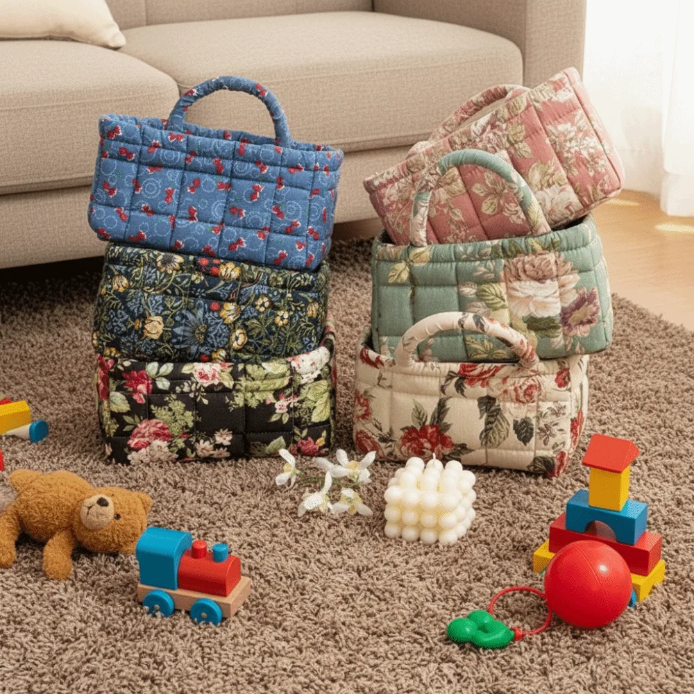 Floral Pattern Bento Handbags Patchwork Design Foldable Shopper Bag Portable Cotton Material Tote Shoulder Bags