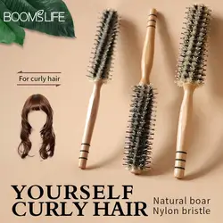 Natural Boar Bristle Rolling Brush Barber Hair Roller Wood Hair Brush Round Barrel Hair Comb for Women Curly Hair Hairdressing