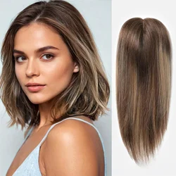 Brown Blonde Highlight 100% Human Hair Toppers for Women Mono Top Hand-Tied Lace Base Four Clips in Topper Hair Extensions