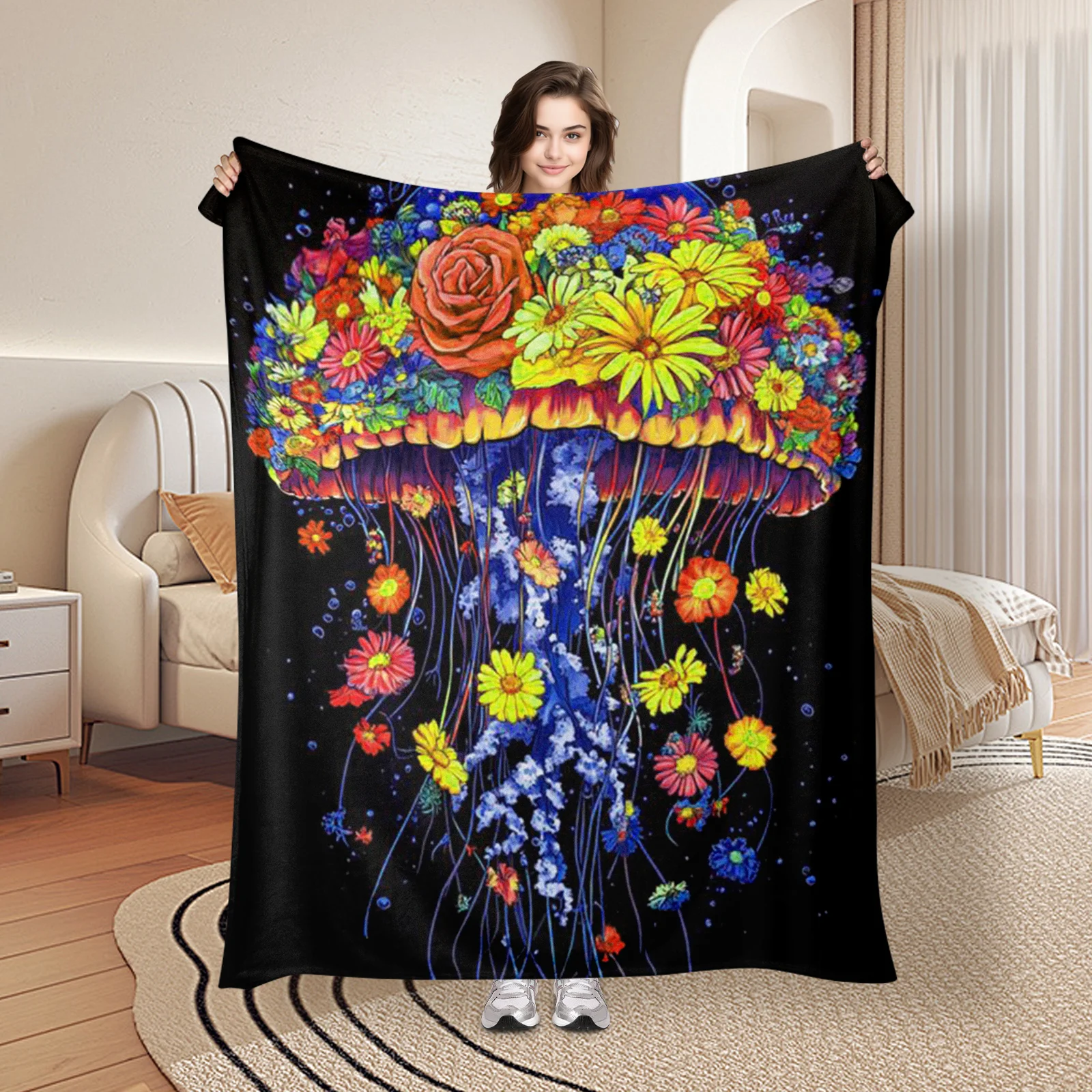 

Jellyfish On Black Background With Yellow Flowers For A Bold And Artistic Home Decor Accent Piece Design