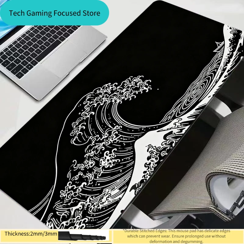 Japanisches Black Waves-Mauspad, professionelles E-Sport-Gamer-Mauspad für PC-Gaming, Gummi-Tastaturunterlage, Notebook-Schreibtischunterlage, Mauspad 800 x 300