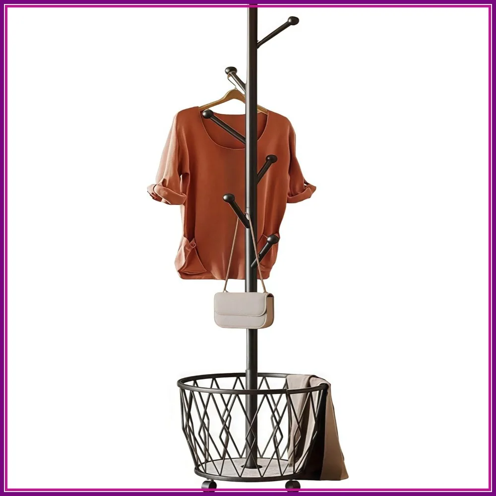 

Freestanding Metal Coat Rack with Basket, Modern Organizer for Jackets, Hats, Bags, Home Entryway, Bedroom Corner