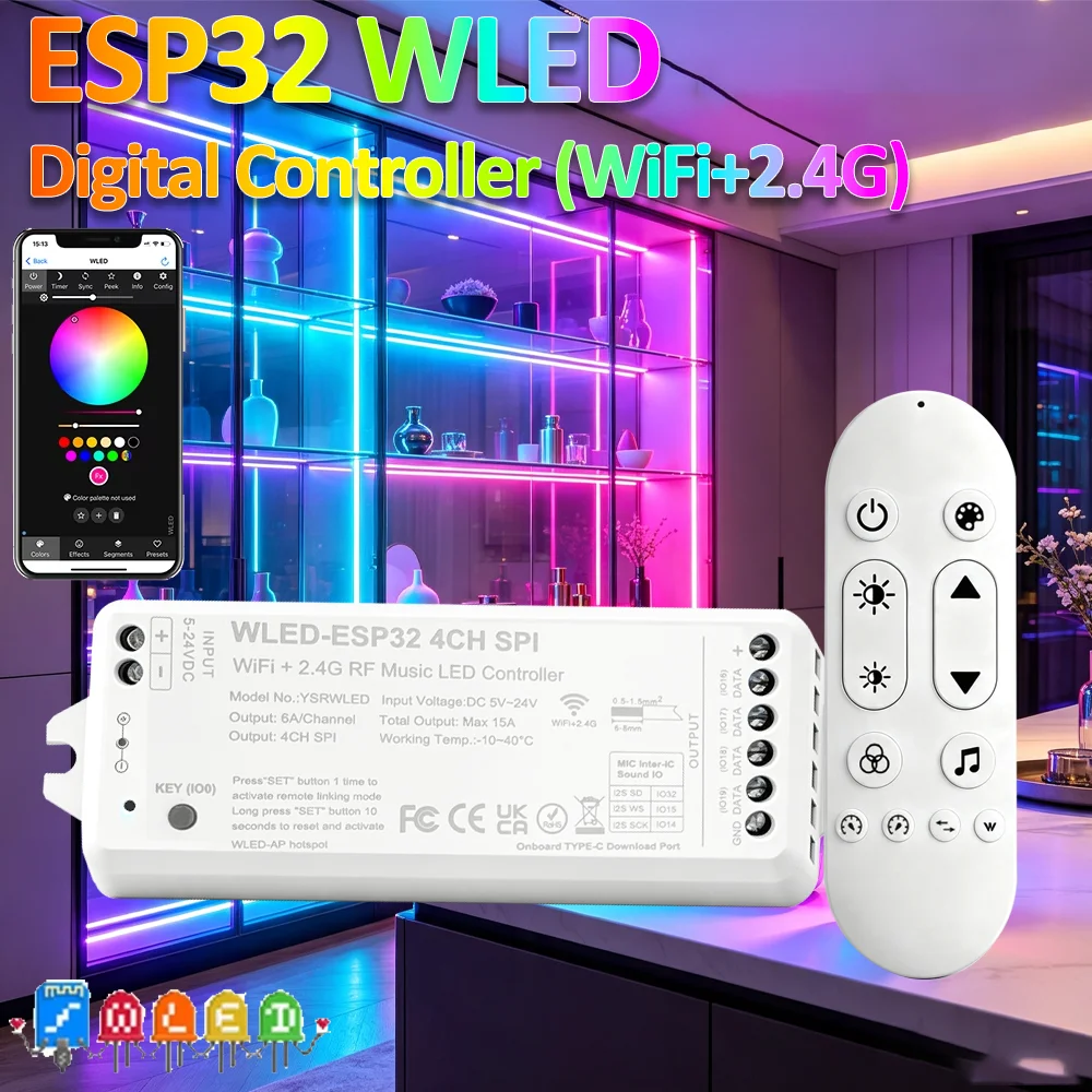 DC5-24V WLED LED Strip Controller ESP32 4CH WiFi Music Sync with Reomte Control Compatible WS2812B SK6812 RGBIC LED Strip DIY