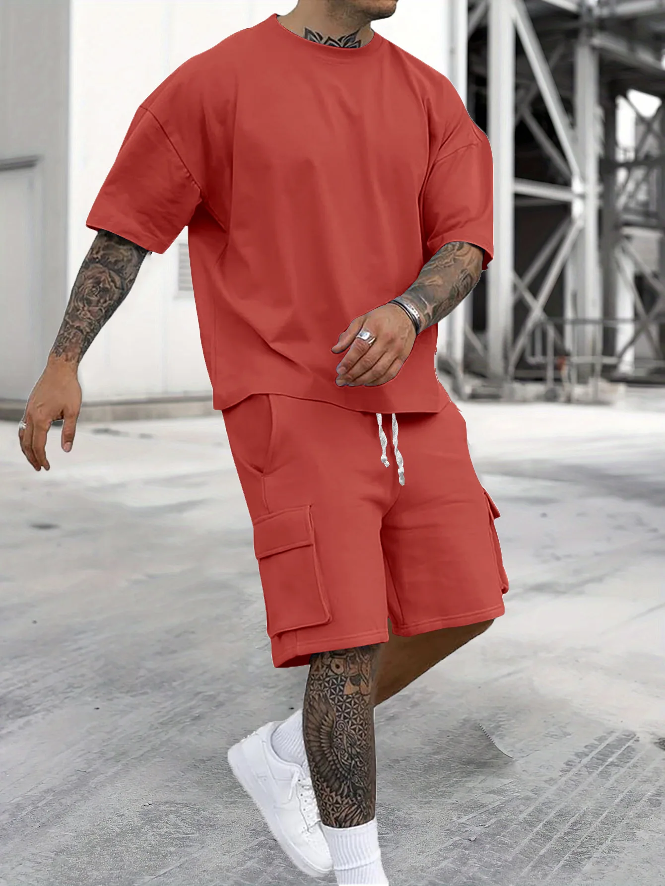 2025 Men's summer new fashion T-shirt cargo shorts leisure sports set, drawstring design multi-pocket shorts solid color top