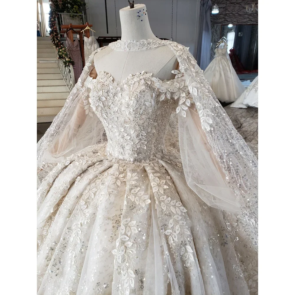 Gorgeous Off The Shoulder Long Sleeves Bride Dress Fashion Appliques Sequined Chapel Train Ball Gowns Elegant Wedding Dress