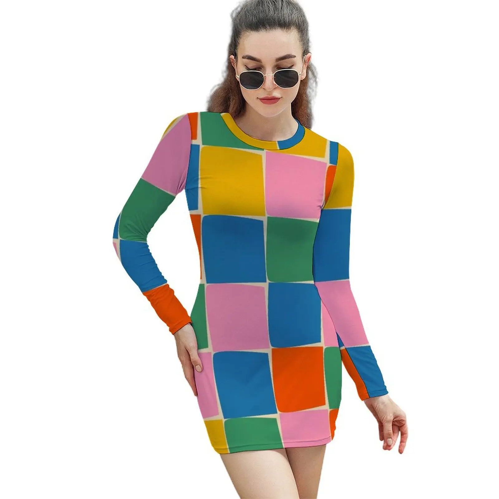 

Flux Modern Check Colourful Grid Pattern in Rainbow Pop Colours Long-Sleeved Sheath Dress fairy dress