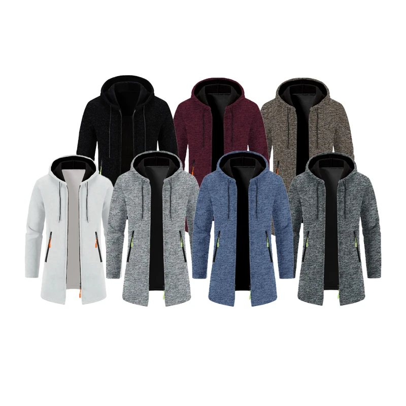 

Men Winter Long Trench Coat Knit Sweater Jacket Fleece Wind Breaker Navy Turn-down Hoodies Zipper Cardigan Male Overcoat