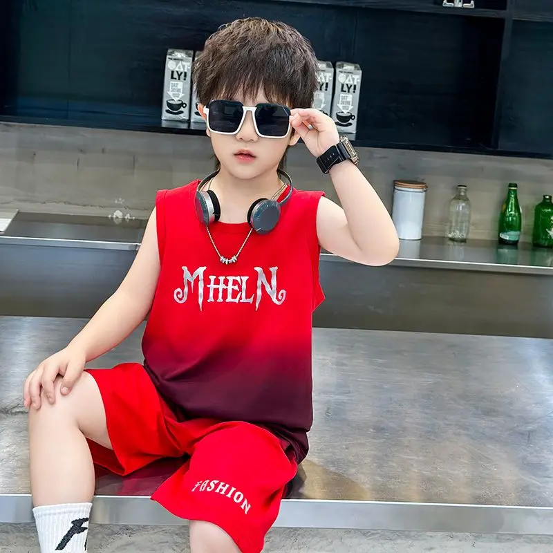 Boys' Summer Suit Pure Cotton Sleeveless Tops Shorts Two-piece Children's Vest Sets Sports Gradual Colorful Letter Print Sets