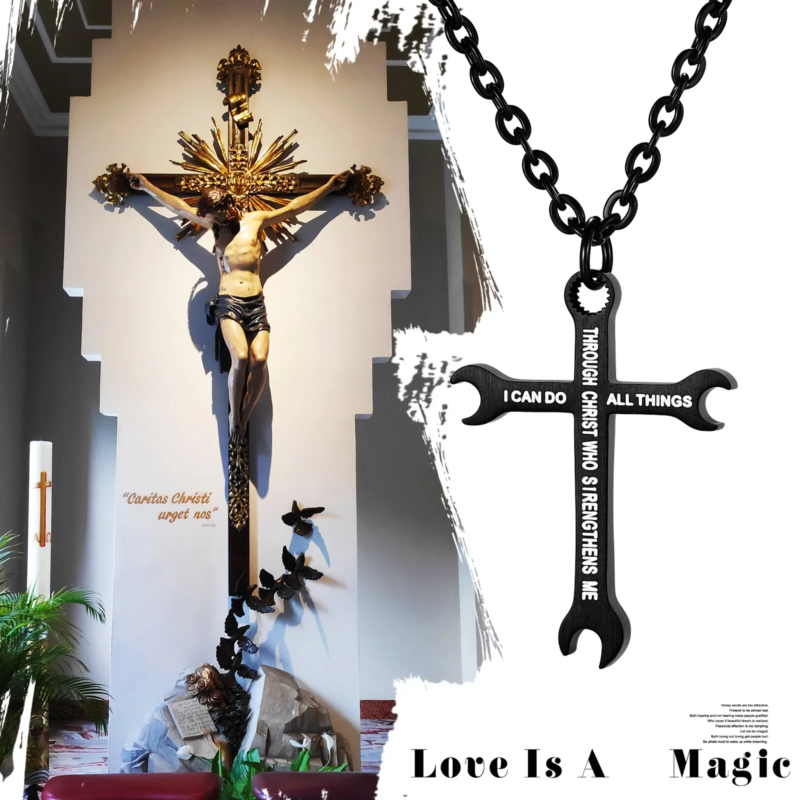 Wrench Philippians 4:13 Cross Bible Prayer Pendant Titanium Steel Necklace 22in view 4