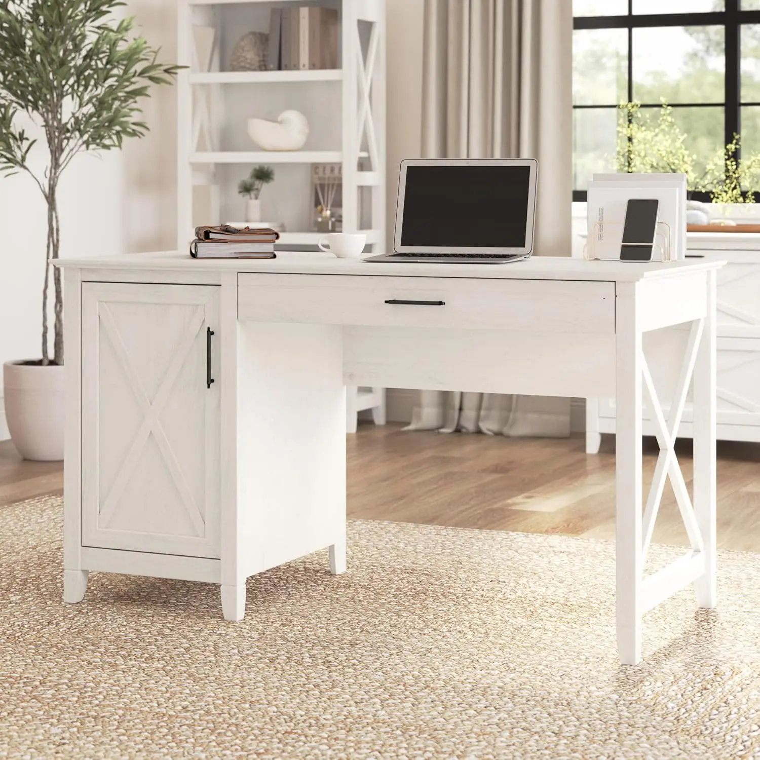 Key West Computer Desk with Storage | Farmhouse PC Table for Home Office in Linen White Oak | 54W x 24D