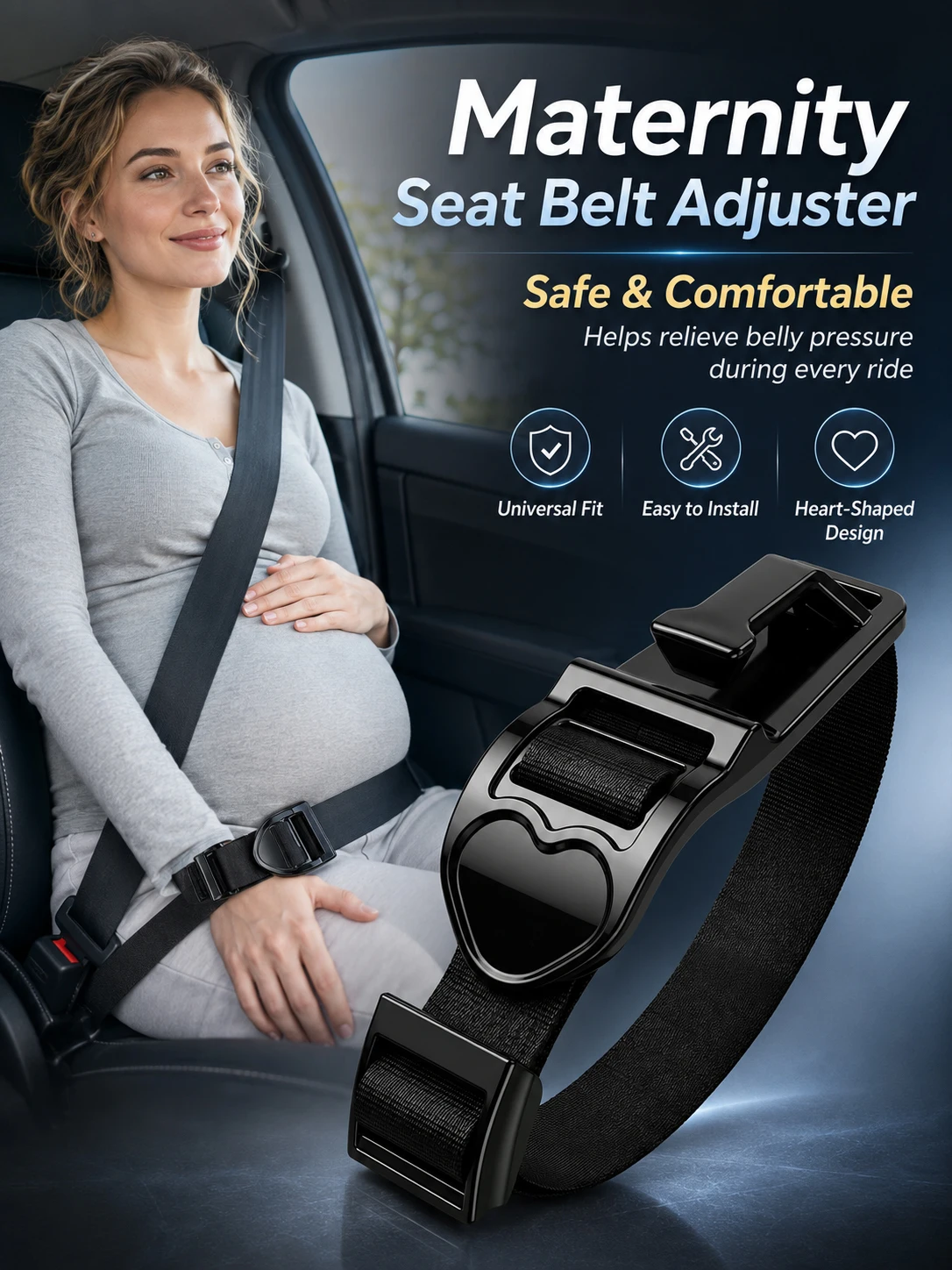 Pregnancy Seat Belt Adjuster for Car, Maternity Belly Comfort Positioning Strap with Heart Buckle, Universal Auto Accessory