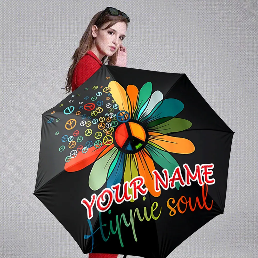 Custom Name Umbrella Customizable Hippie Soul Umbrella with Peace Sign Flower Design Portable Folding Umbrella,Christmas Gift