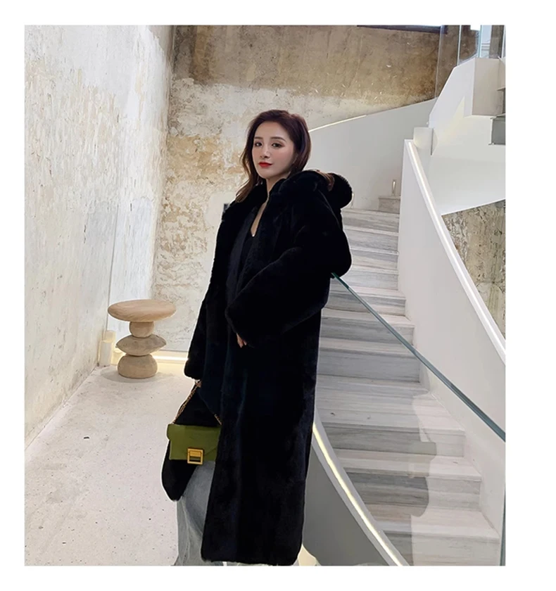 Lautaro Winter Long Loose Casual Windproof Soft Thick Warm Fluffy Green Black Faux Fur Coat Women with Hood Furry Overcoat 2023