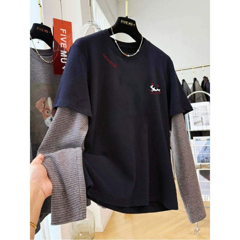 

Женский свободный топ в полоску с рукавами, весна-осень 2025 года, новая футболка с принтом щенка