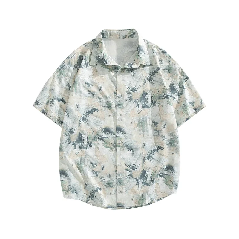 Cool Ink Wash Style Men's Floral Shirt with Loose Shoulder Sleeves Summer Breathable Beach Casual Short Sleeves