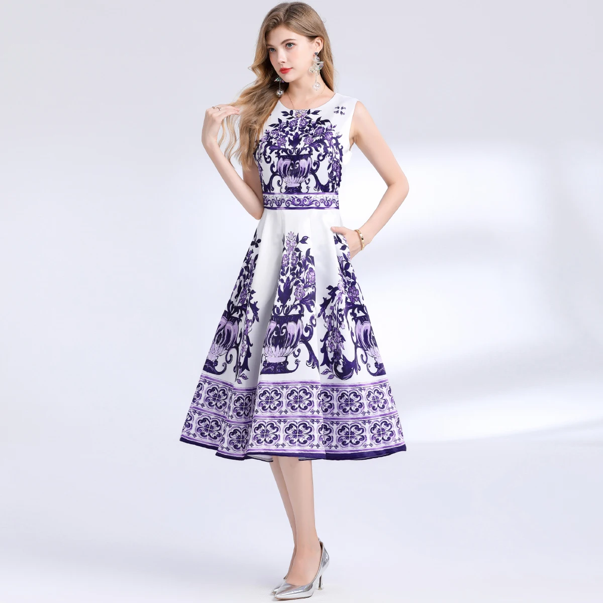 Summer Holiday Print Midi Dresses Women Beach Tank Long Vestidos French Cocktail Gowns Floral Robes Blue White Pocelain Vestidos